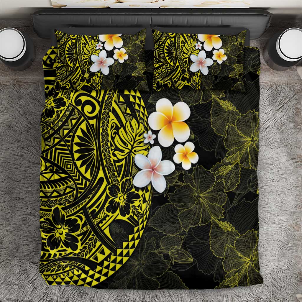 Hawaiian Hibiscus and Plumeria Polynesian Tribal Tattoo Bedding Set Yellow Color