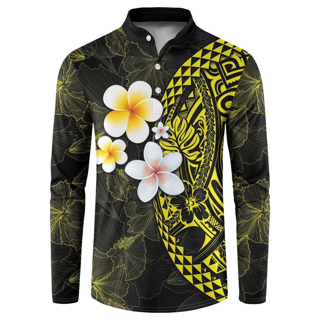 Hawaiian Hibiscus and Plumeria Polynesian Tribal Tattoo Button Sweatshirt Yellow Color LT03 Yellow - Polynesian Pride