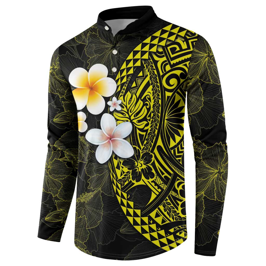 Hawaiian Hibiscus and Plumeria Polynesian Tribal Tattoo Button Sweatshirt Yellow Color LT03 - Polynesian Pride