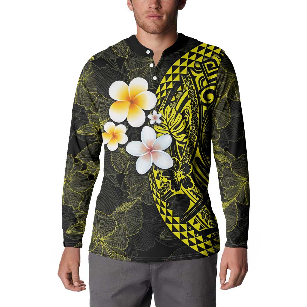 Hawaiian Hibiscus and Plumeria Polynesian Tribal Tattoo Button Sweatshirt Yellow Color LT03 - Polynesian Pride