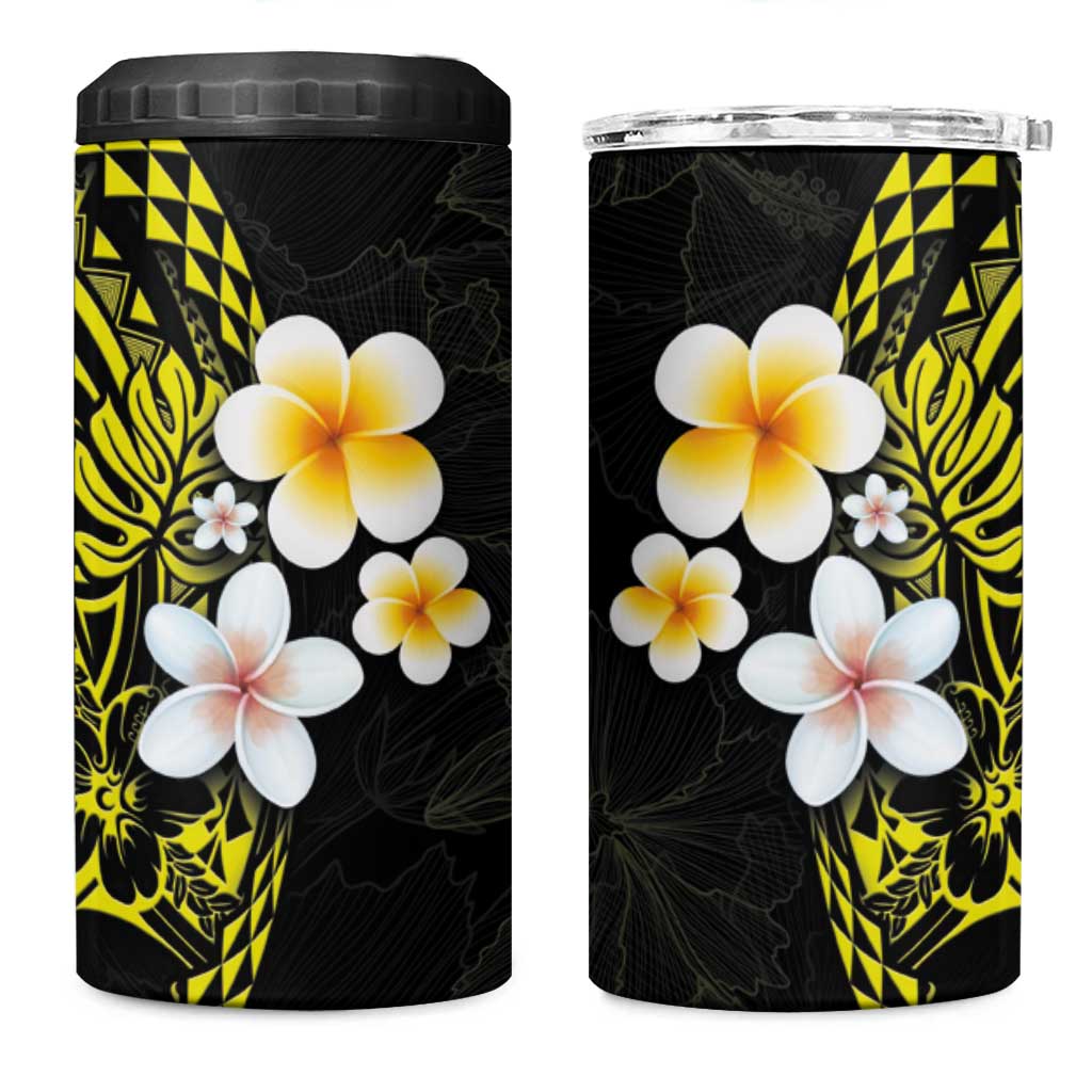 Hawaiian Hibiscus and Plumeria Polynesian Tribal Tattoo 4 in 1 Can Cooler Tumbler Yellow Color
