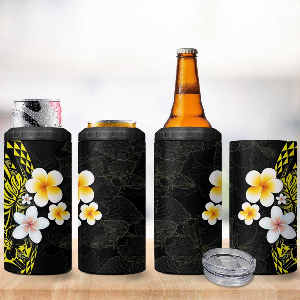 Hawaiian Hibiscus and Plumeria Polynesian Tribal Tattoo 4 in 1 Can Cooler Tumbler Yellow Color