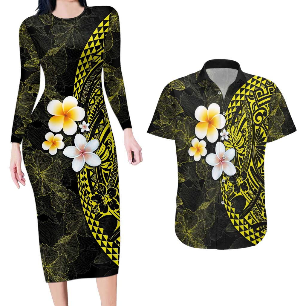 Hawaiian Hibiscus and Plumeria Polynesian Tribal Tattoo Couples Matching Long Sleeve Bodycon Dress and Hawaiian Shirt Yellow Color