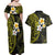 Hawaiian Hibiscus and Plumeria Polynesian Tribal Tattoo Couples Matching Off Shoulder Maxi Dress and Hawaiian Shirt Yellow Color