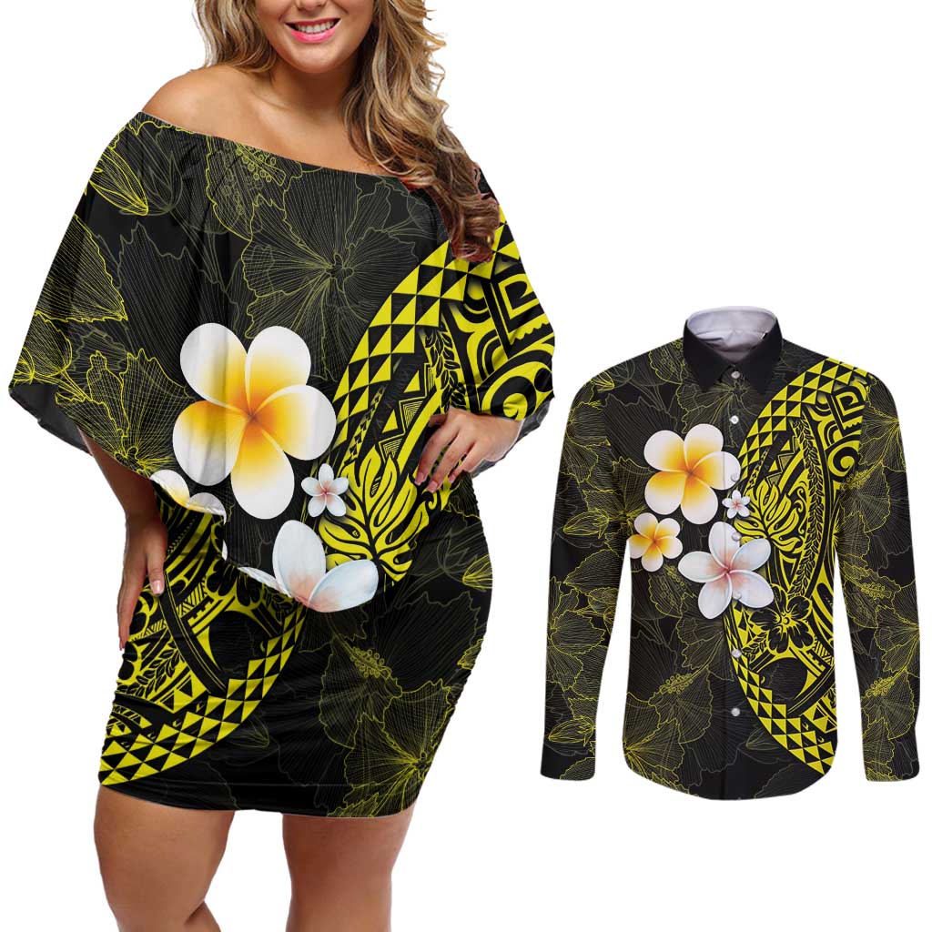 Hawaiian Hibiscus and Plumeria Polynesian Tribal Tattoo Couples Matching Off Shoulder Short Dress and Long Sleeve Button Shirt Yellow Color LT03 Yellow - Polynesian Pride