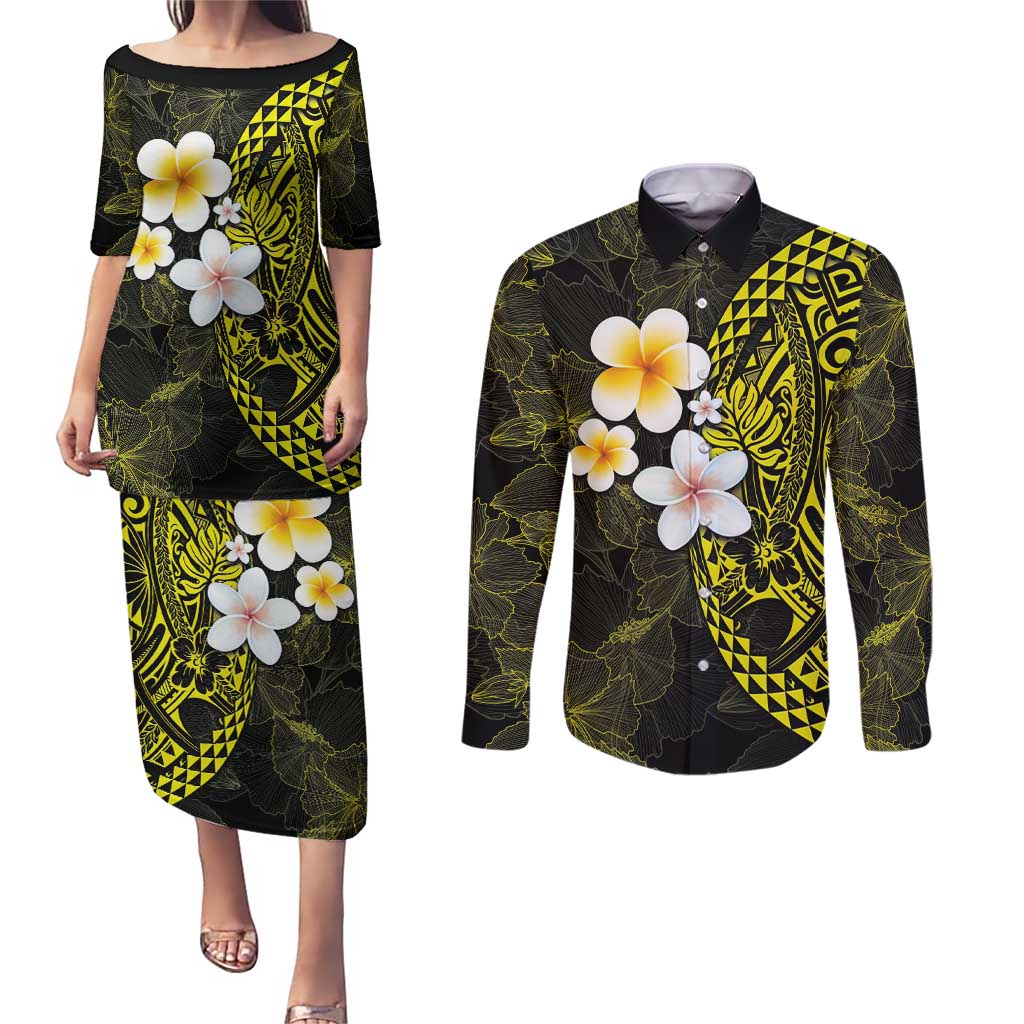 Hawaiian Hibiscus and Plumeria Polynesian Tribal Tattoo Couples Matching Puletasi and Long Sleeve Button Shirt Yellow Color