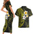 Hawaiian Hibiscus and Plumeria Polynesian Tribal Tattoo Couples Matching Short Sleeve Bodycon Dress and Hawaiian Shirt Yellow Color