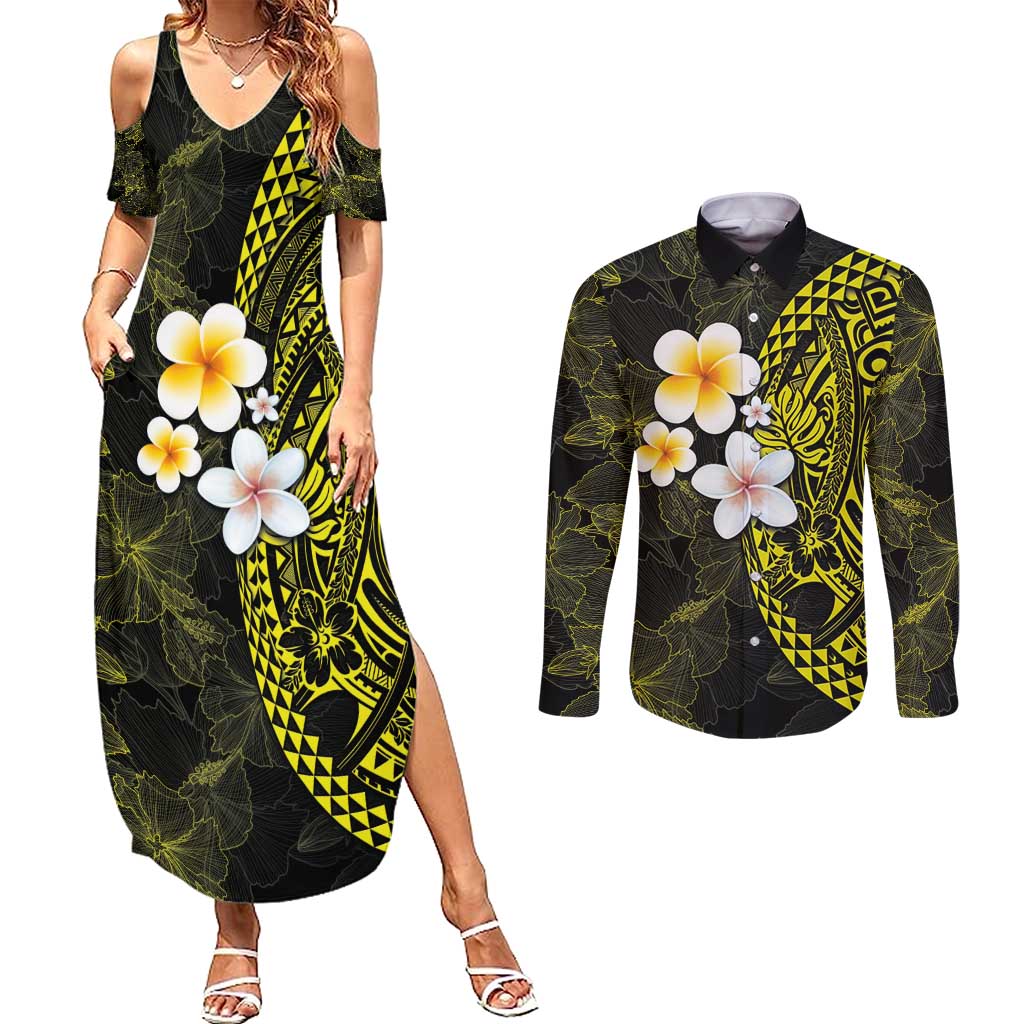 Hawaiian Hibiscus and Plumeria Polynesian Tribal Tattoo Couples Matching Summer Maxi Dress and Long Sleeve Button Shirt Yellow Color LT03 Yellow - Polynesian Pride