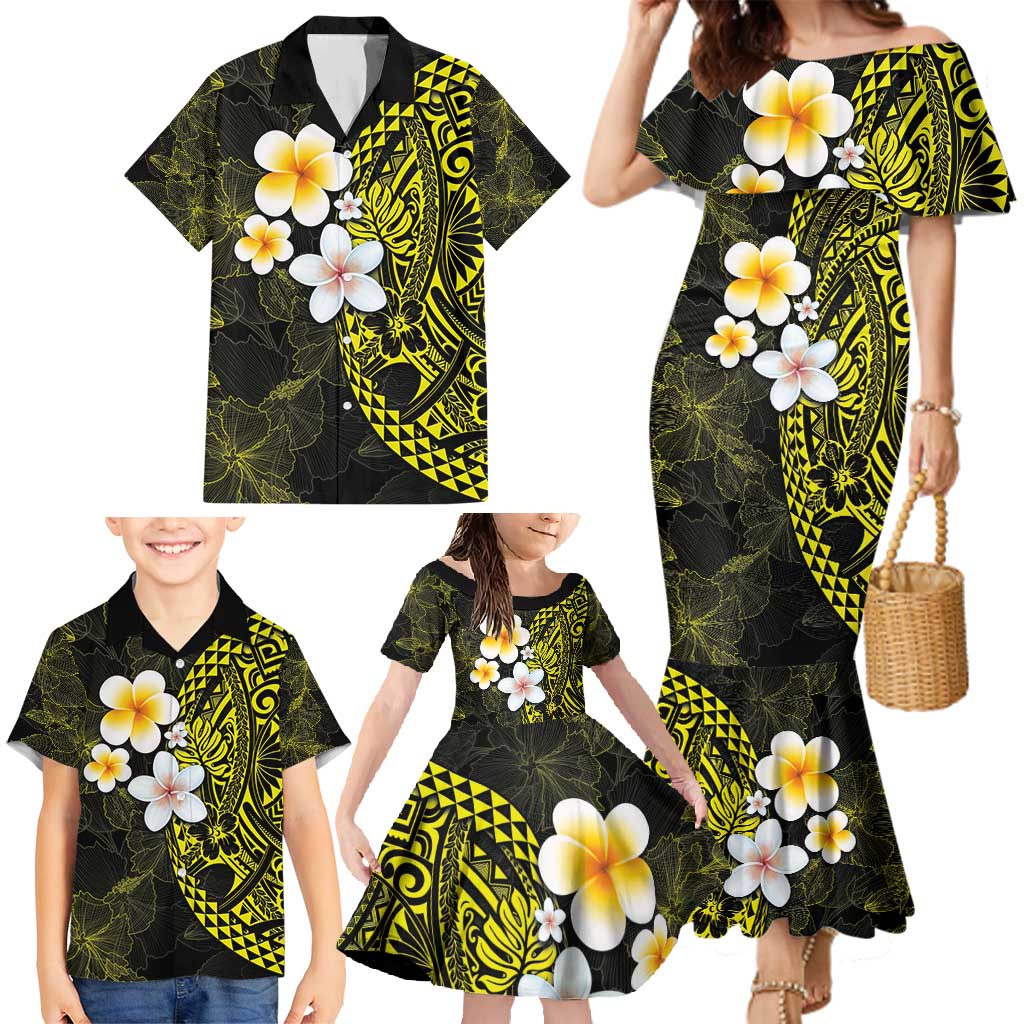 Hawaiian Hibiscus and Plumeria Polynesian Tribal Tattoo Family Matching Mermaid Dress and Hawaiian Shirt Yellow Color