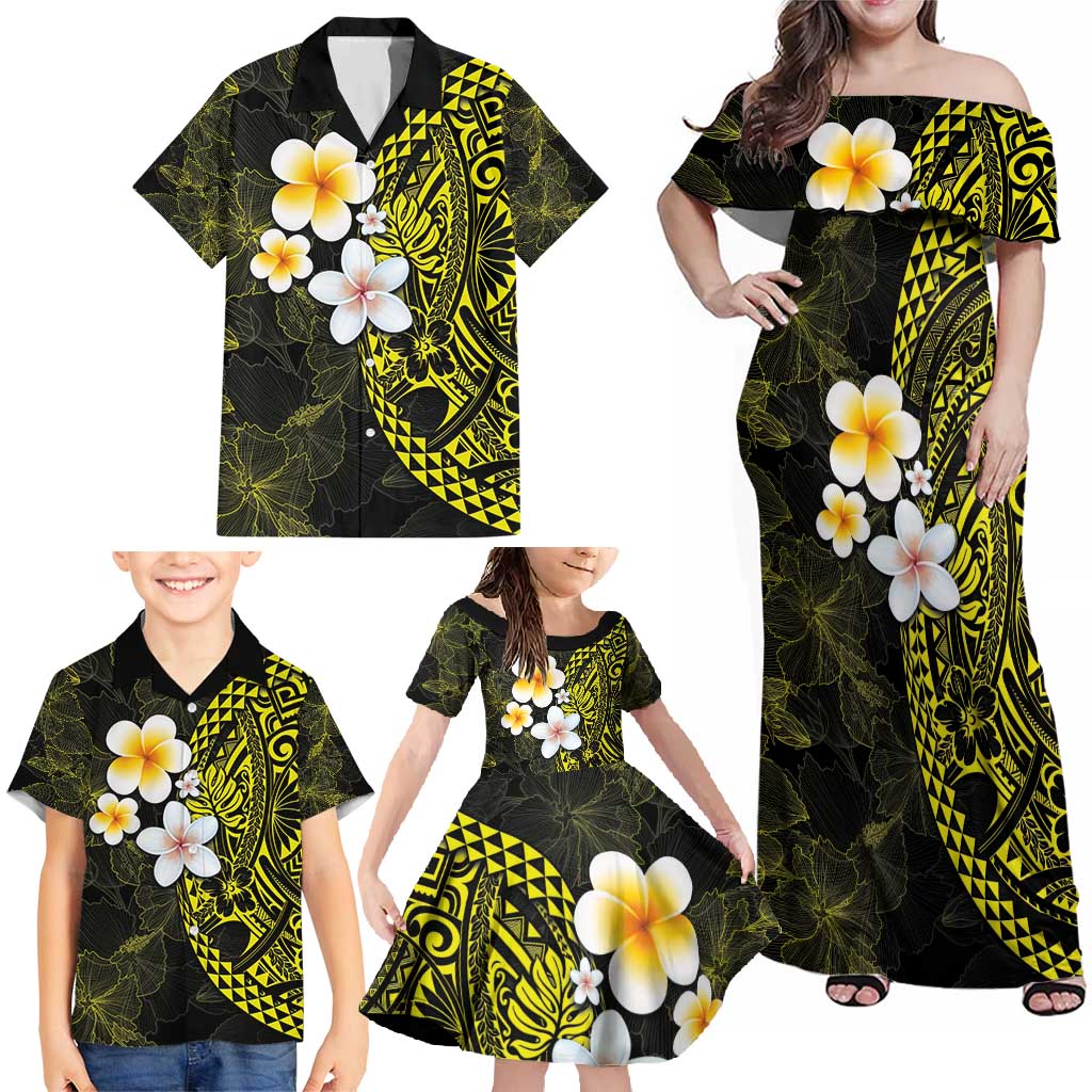 Hawaiian Hibiscus and Plumeria Polynesian Tribal Tattoo Family Matching Off Shoulder Maxi Dress and Hawaiian Shirt Yellow Color