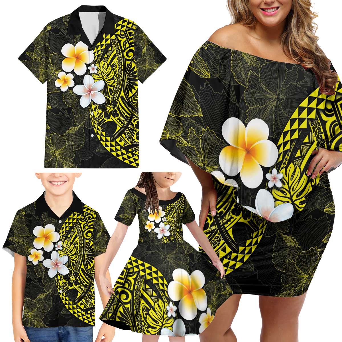 Hawaiian Hibiscus and Plumeria Polynesian Tribal Tattoo Family Matching Off Shoulder Short Dress and Hawaiian Shirt Yellow Color