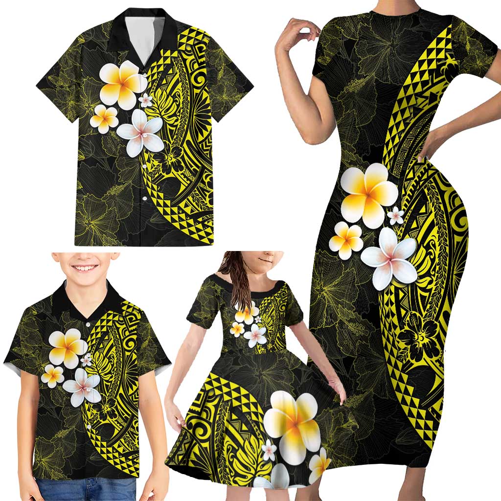 Hawaiian Hibiscus and Plumeria Polynesian Tribal Tattoo Family Matching Short Sleeve Bodycon Dress and Hawaiian Shirt Yellow Color LT03 - Polynesian Pride