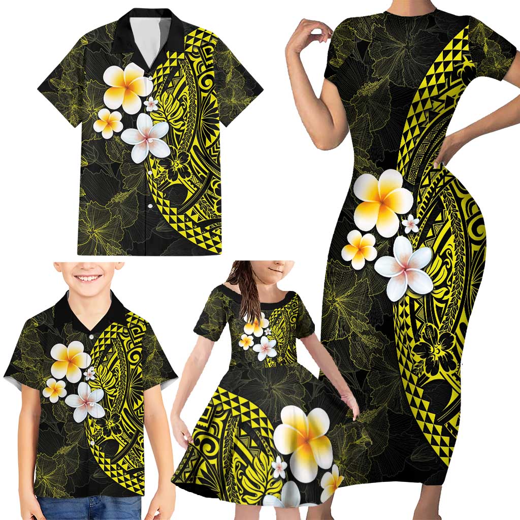 Hawaiian Hibiscus and Plumeria Polynesian Tribal Tattoo Family Matching Short Sleeve Bodycon Dress and Hawaiian Shirt Yellow Color