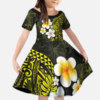 Hawaiian Hibiscus and Plumeria Polynesian Tribal Tattoo Family Matching Tank Maxi Dress and Hawaiian Shirt Yellow Color