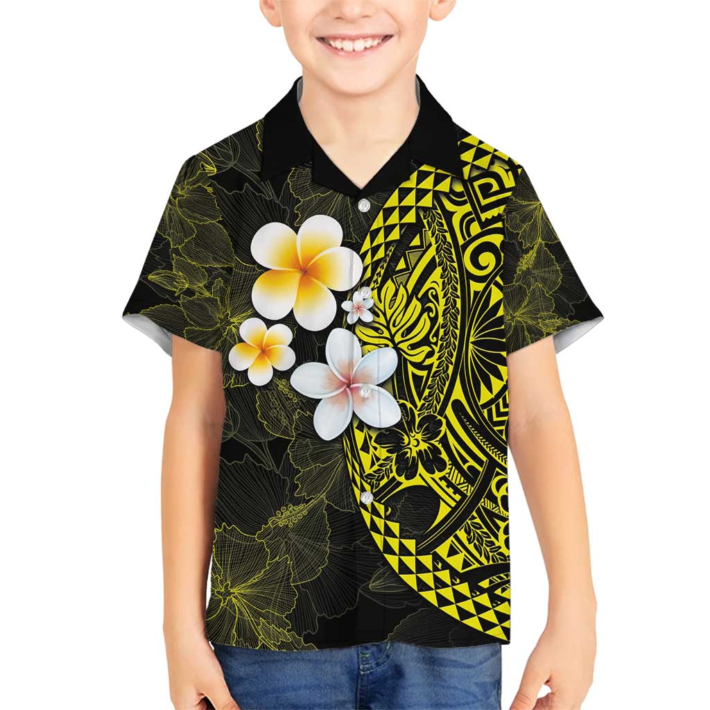 Hawaiian Hibiscus and Plumeria Polynesian Tribal Tattoo Family Matching Tank Maxi Dress and Hawaiian Shirt Yellow Color