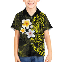 Hawaiian Hibiscus and Plumeria Polynesian Tribal Tattoo Family Matching Tank Maxi Dress and Hawaiian Shirt Yellow Color