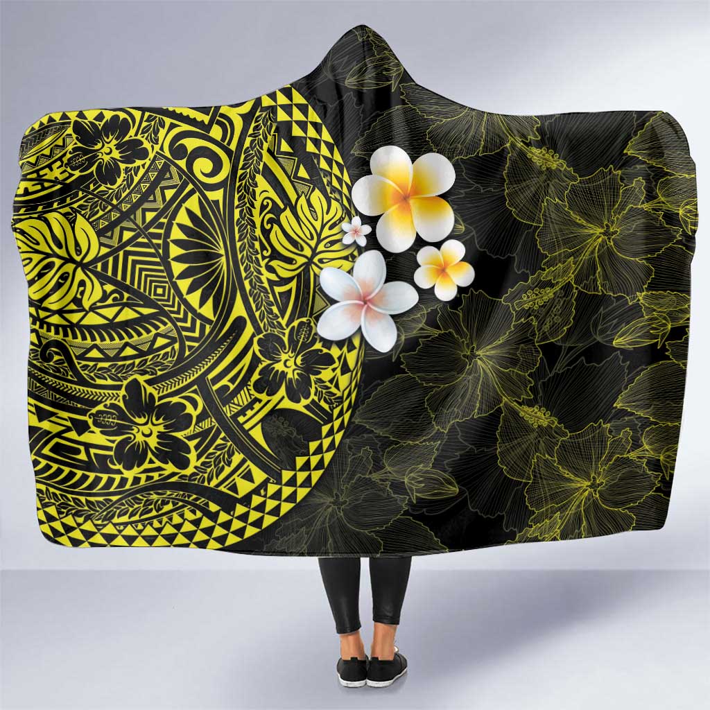 Hawaiian Hibiscus and Plumeria Polynesian Tribal Tattoo Hooded Blanket Yellow Color