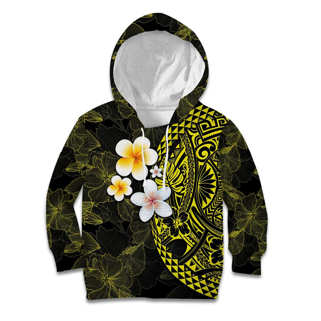 Hawaiian Hibiscus and Plumeria Polynesian Tribal Tattoo Kid Hoodie Yellow Color