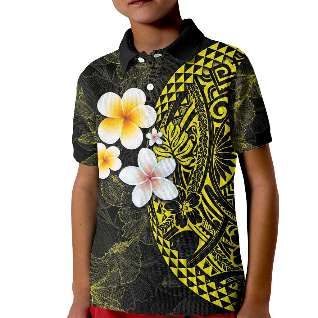 Hawaiian Hibiscus and Plumeria Polynesian Tribal Tattoo Kid Polo Shirt Yellow Color