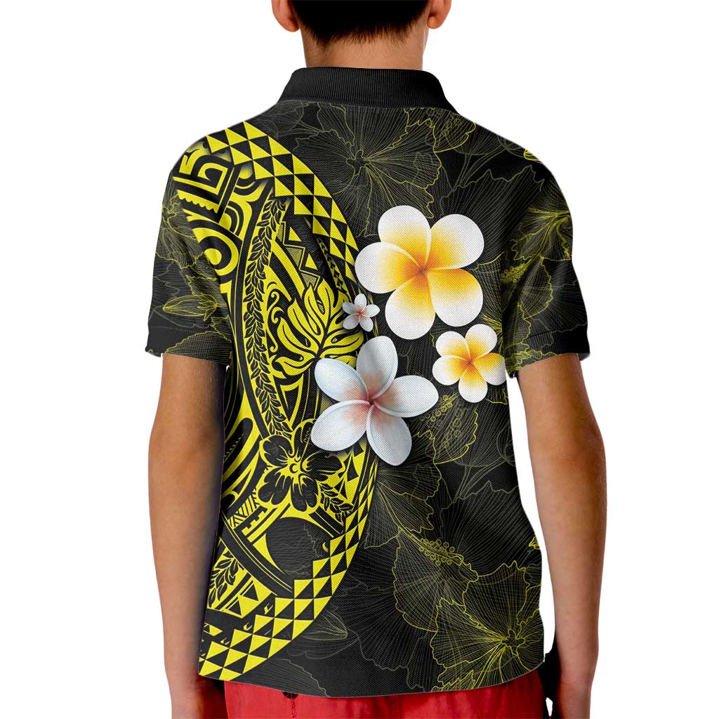 Hawaiian Hibiscus and Plumeria Polynesian Tribal Tattoo Kid Polo Shirt Yellow Color