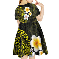 Hawaiian Hibiscus and Plumeria Polynesian Tribal Tattoo Kid Short Sleeve Dress Yellow Color