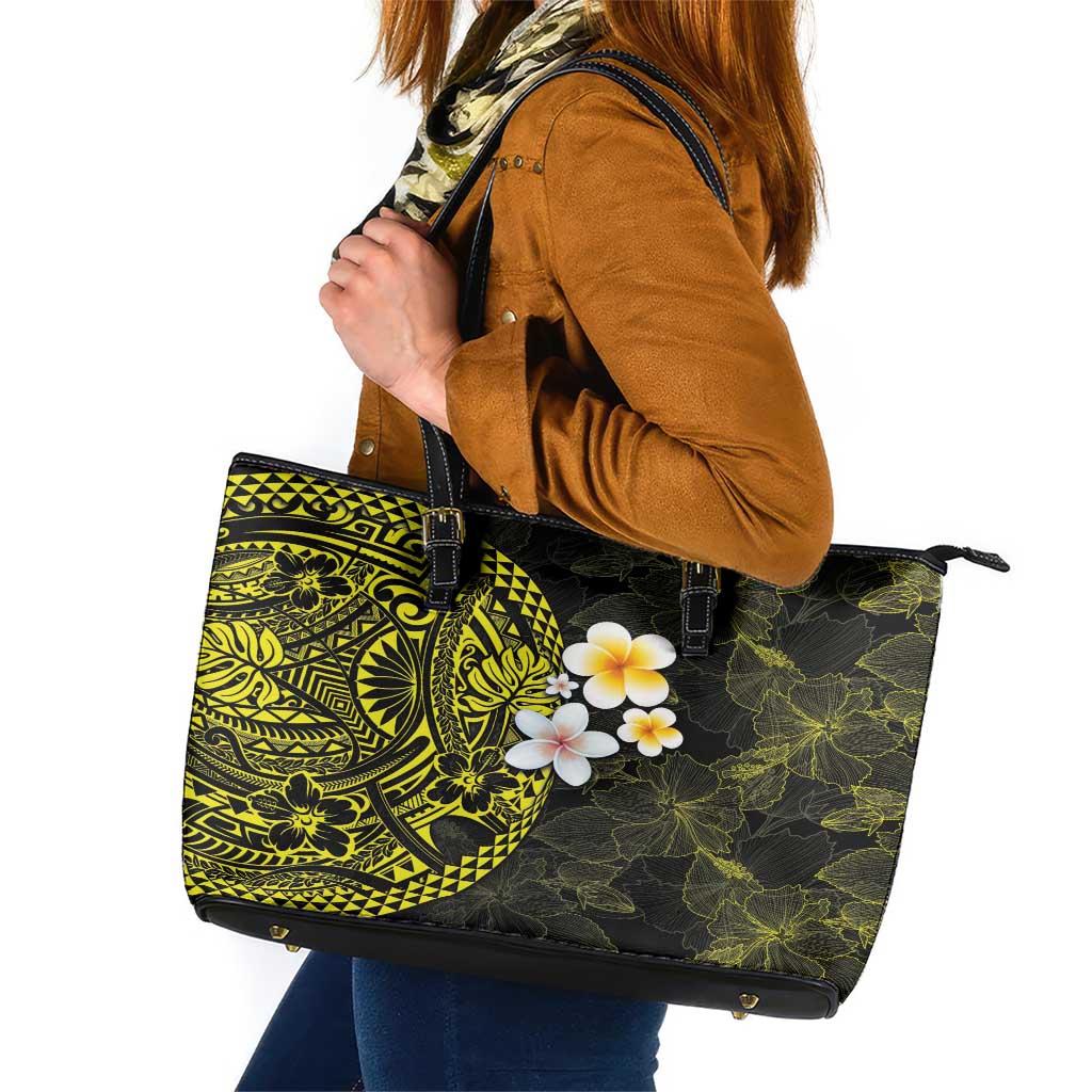 Hawaiian Hibiscus and Plumeria Polynesian Tribal Tattoo Leather Tote Bag Yellow Color LT03 Yellow - Polynesian Pride