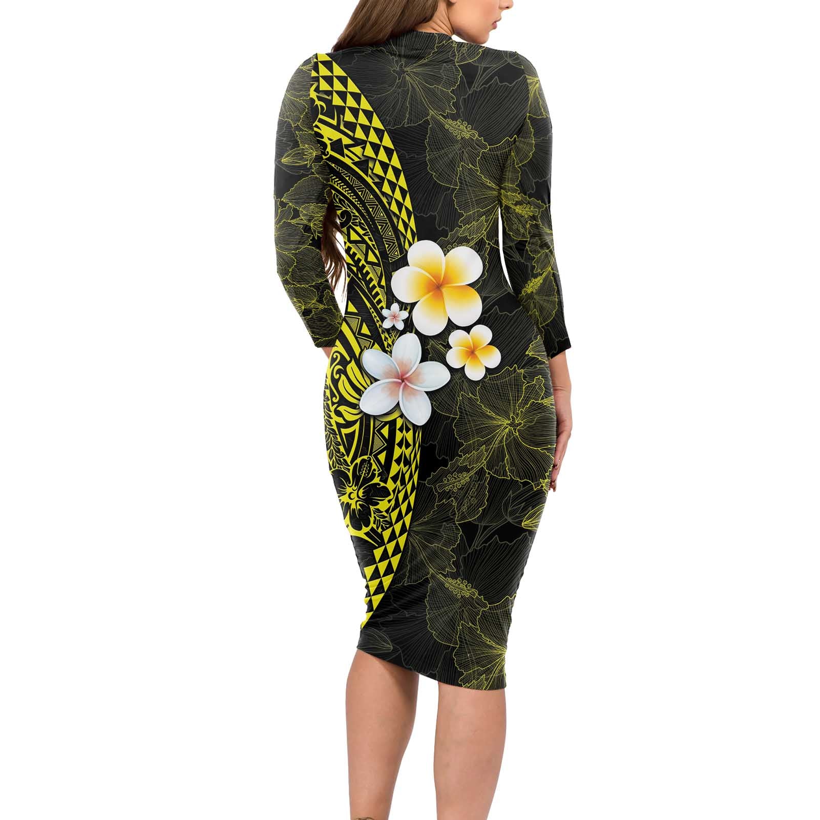 Hawaiian Hibiscus and Plumeria Polynesian Tribal Tattoo Long Sleeve Bodycon Dress Yellow Color