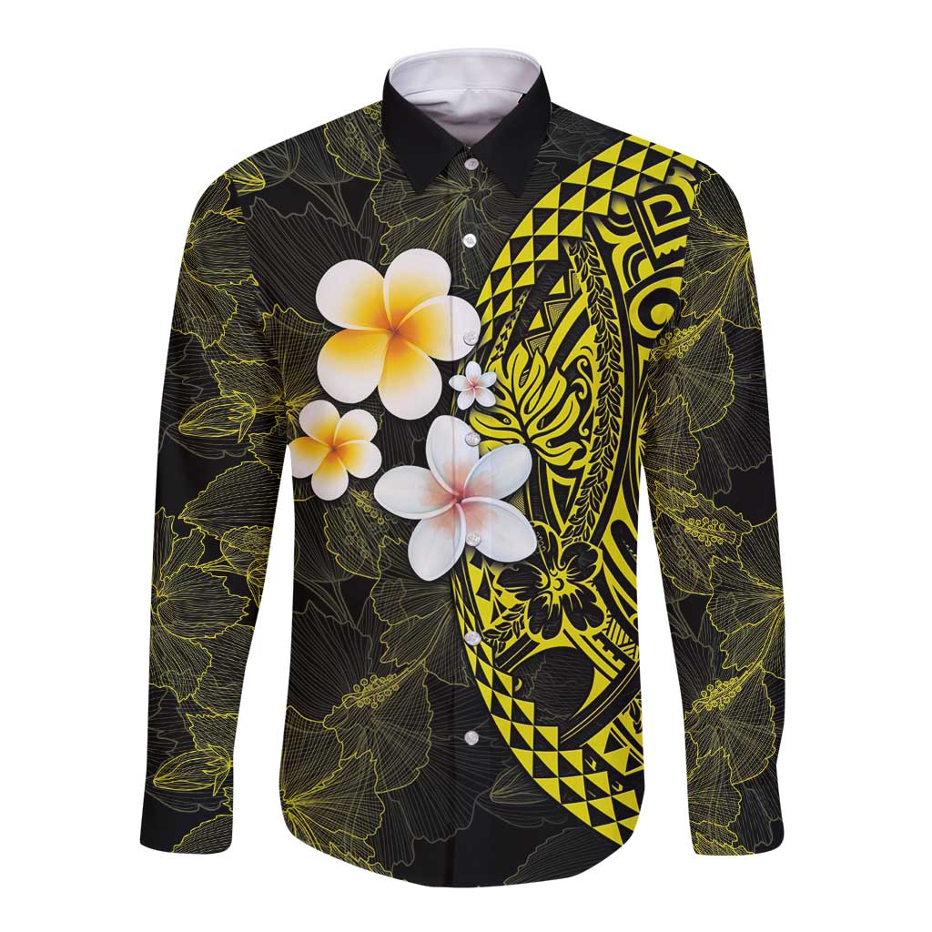 Hawaiian Hibiscus and Plumeria Polynesian Tribal Tattoo Long Sleeve Button Shirt Yellow Color