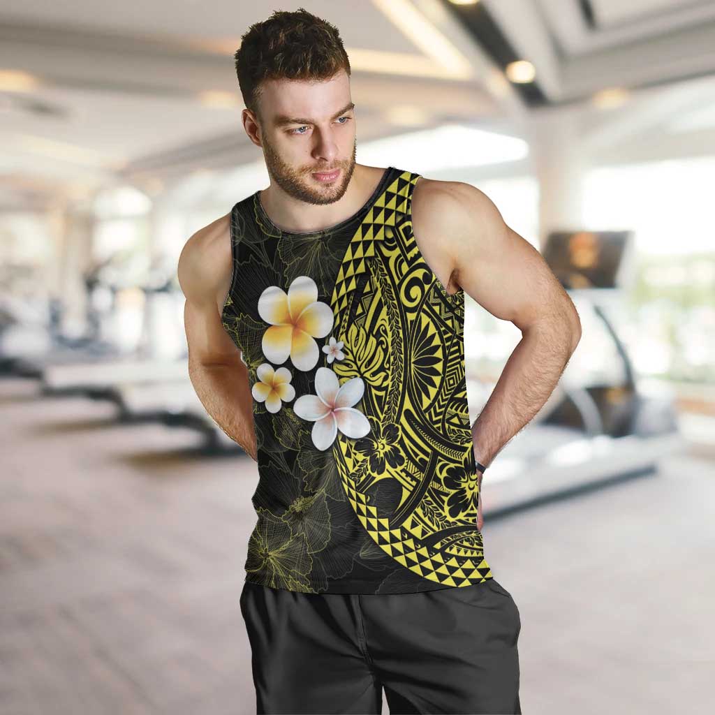 Hawaiian Hibiscus and Plumeria Polynesian Tribal Tattoo Men Tank Top Yellow Color