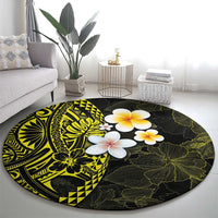 Hawaiian Hibiscus and Plumeria Polynesian Tribal Tattoo Round Carpet Yellow Color