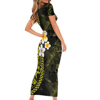 Hawaiian Hibiscus and Plumeria Polynesian Tribal Tattoo Short Sleeve Bodycon Dress Yellow Color