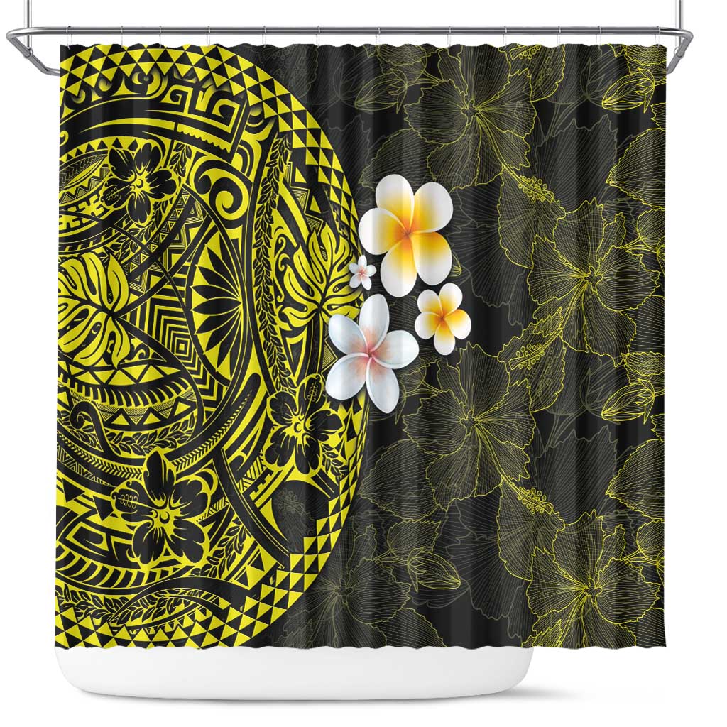 Hawaiian Hibiscus and Plumeria Polynesian Tribal Tattoo Shower Curtain Yellow Color