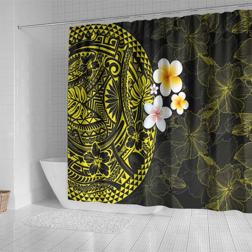 Hawaiian Hibiscus and Plumeria Polynesian Tribal Tattoo Shower Curtain Yellow Color