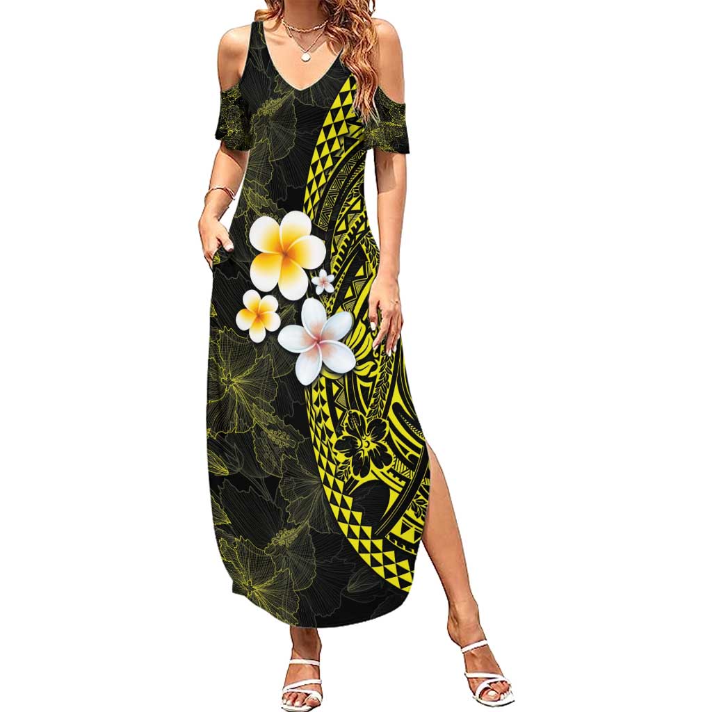 Hawaiian Hibiscus and Plumeria Polynesian Tribal Tattoo Summer Maxi Dress Yellow Color LT03 Women Yellow - Polynesian Pride