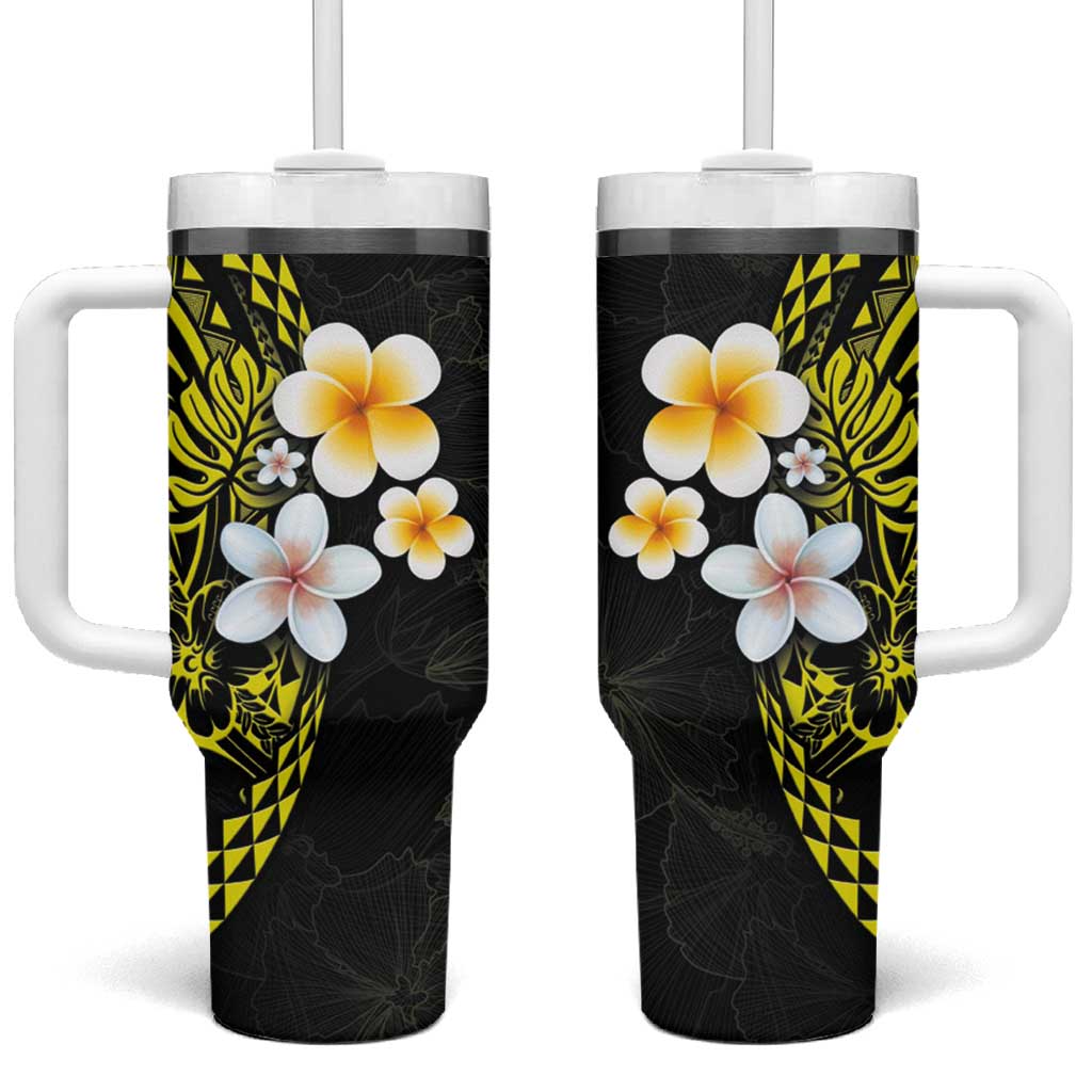 Hawaiian Hibiscus and Plumeria Polynesian Tribal Tattoo Tumbler With Handle Yellow Color