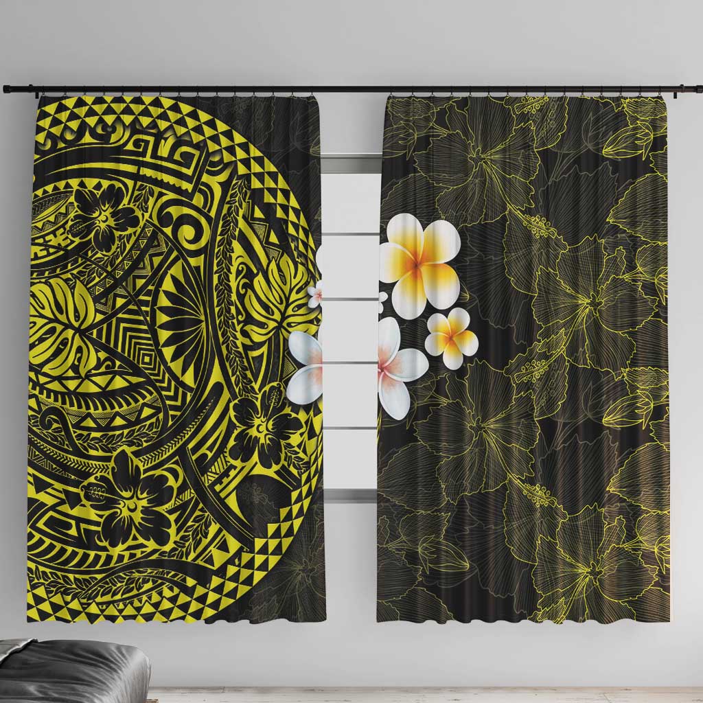 Hawaiian Hibiscus and Plumeria Polynesian Tribal Tattoo Window Curtain Yellow Color LT03 With Hooks Yellow - Polynesian Pride