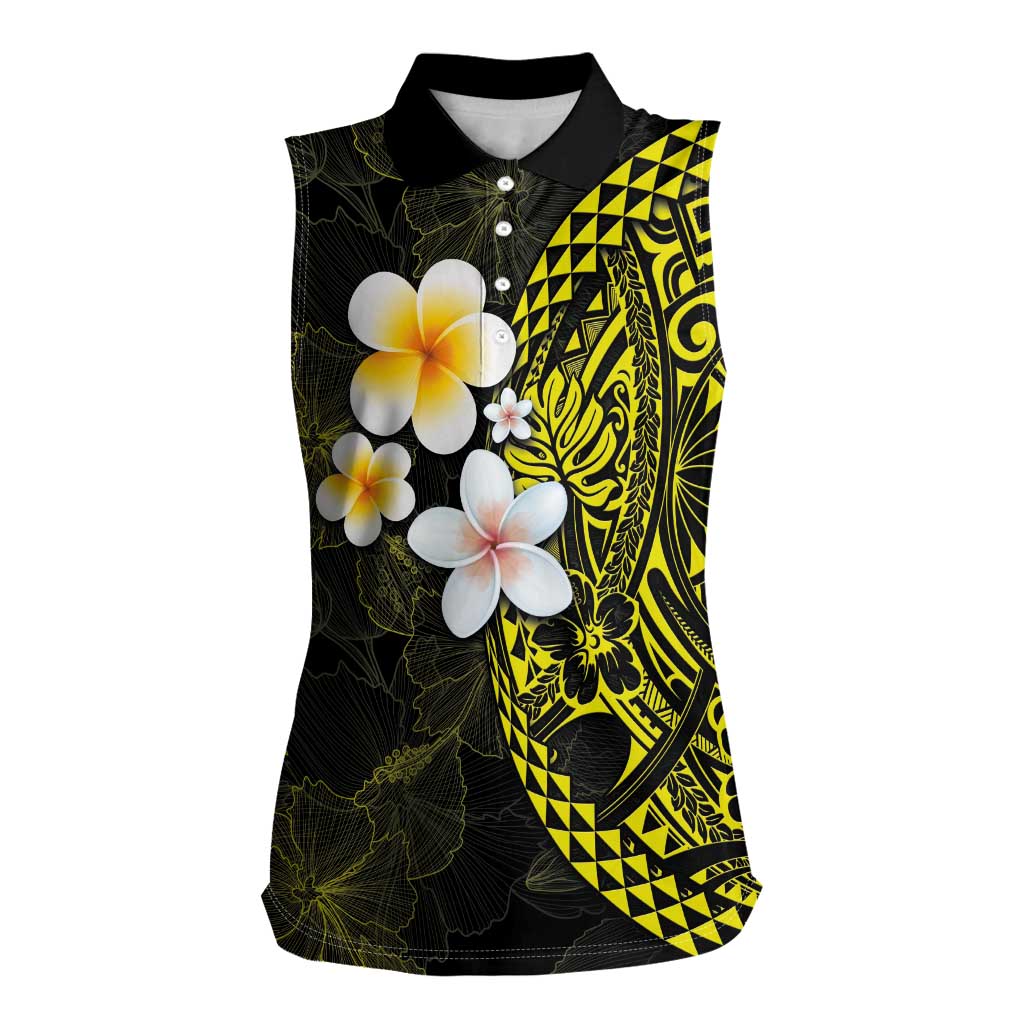 Hawaiian Hibiscus and Plumeria Polynesian Tribal Tattoo Women Sleeveless Polo Shirt Yellow Color