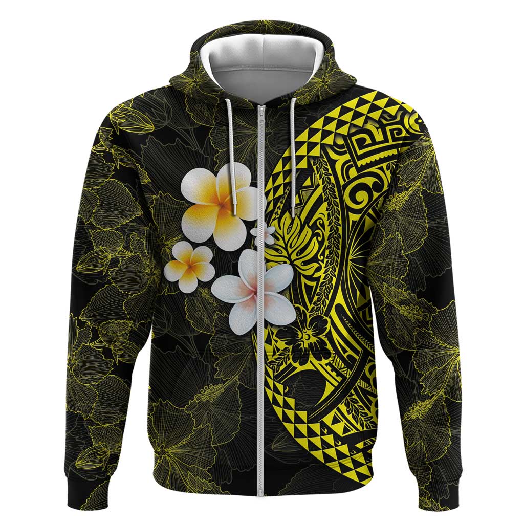 Hawaiian Hibiscus and Plumeria Polynesian Tribal Tattoo Zip Hoodie Yellow Color