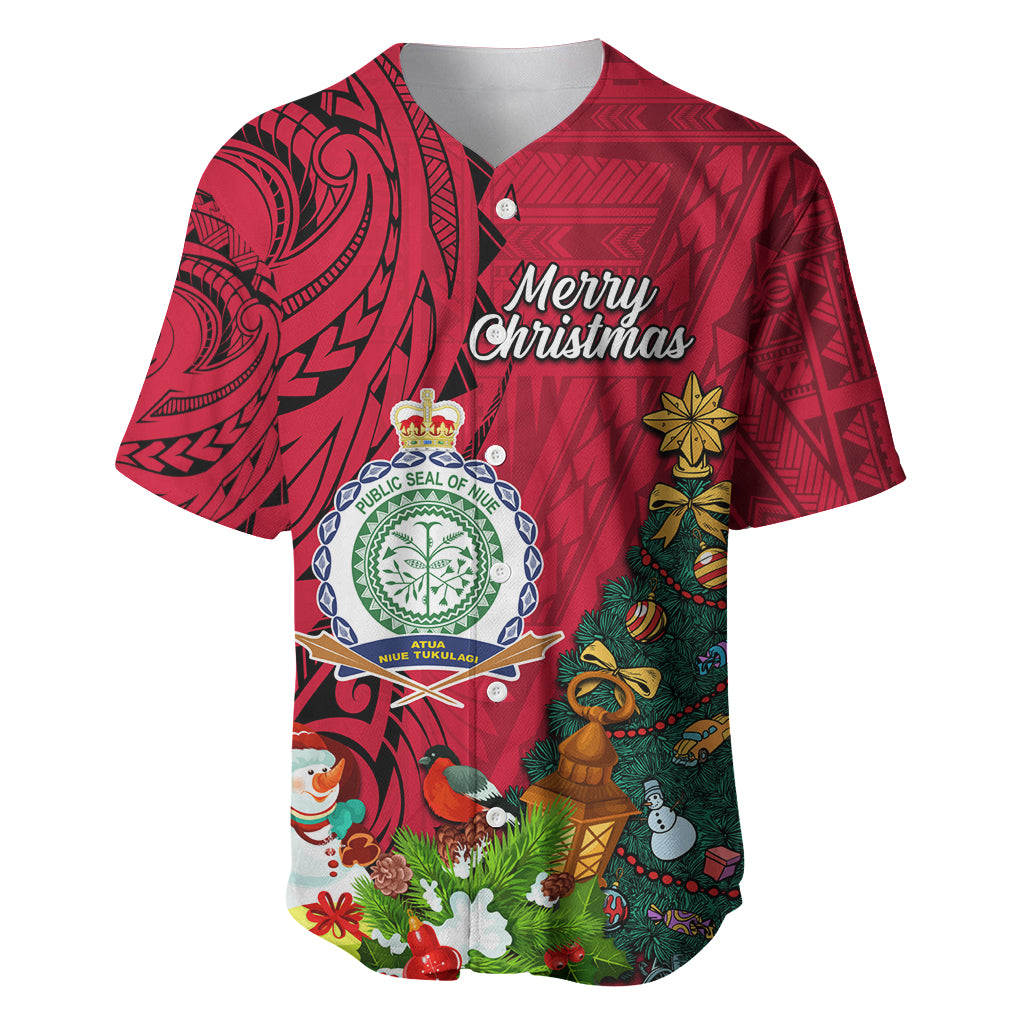 Niue Christmas Baseball Jersey Coat of Arms and Polynesian Tattoo Xmas Element Christmas Red Vibe LT03 Red - Polynesian Pride