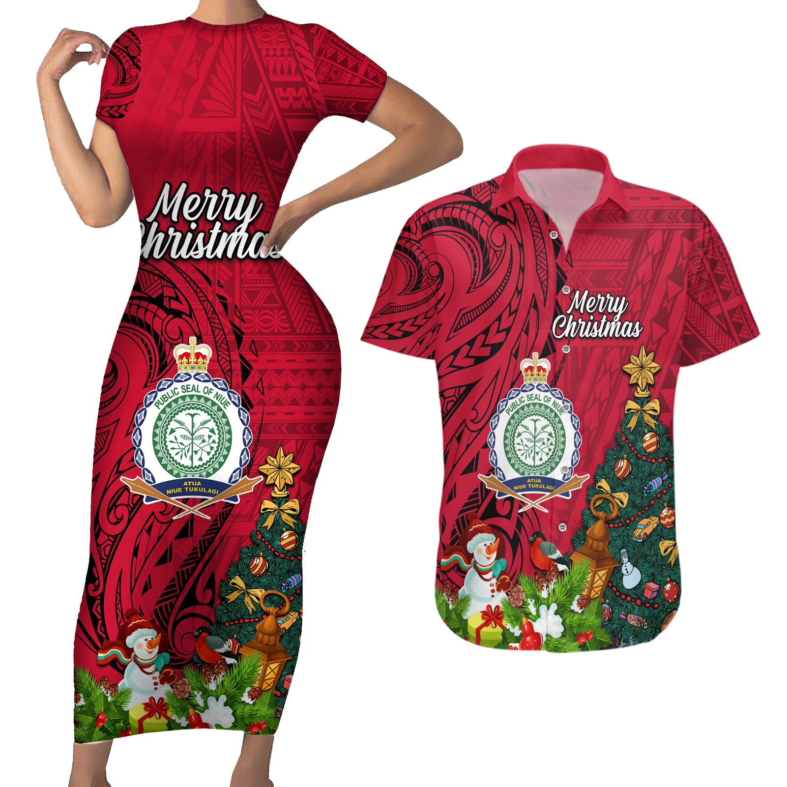 Niue Christmas Couples Matching Short Sleeve Bodycon Dress and Hawaiian Shirt Coat of Arms and Polynesian Tattoo Xmas Element Christmas Red Vibe LT03 Red - Polynesian Pride