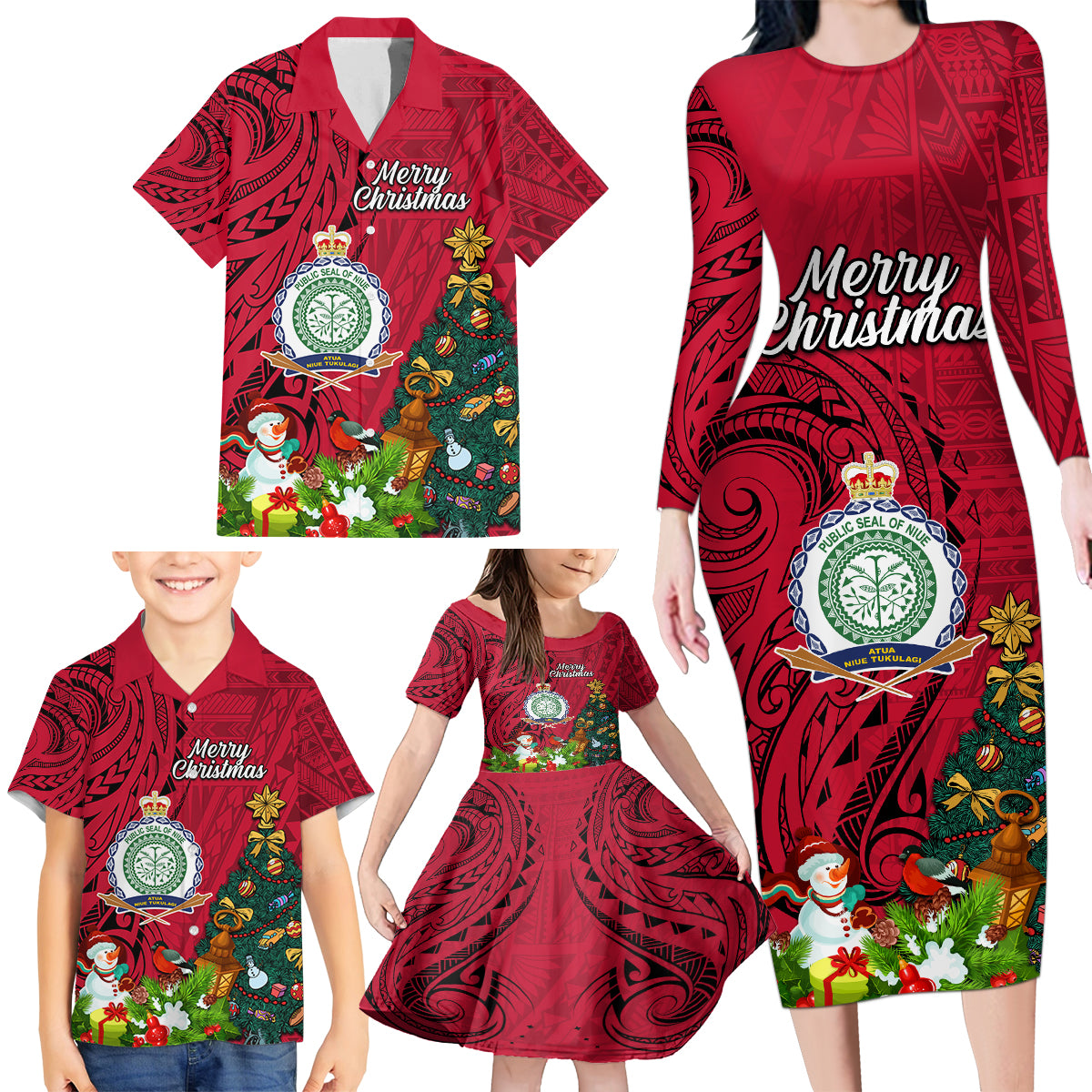 Niue Christmas Family Matching Long Sleeve Bodycon Dress and Hawaiian Shirt Coat of Arms and Polynesian Tattoo Xmas Element Christmas Red Vibe LT03 - Polynesian Pride