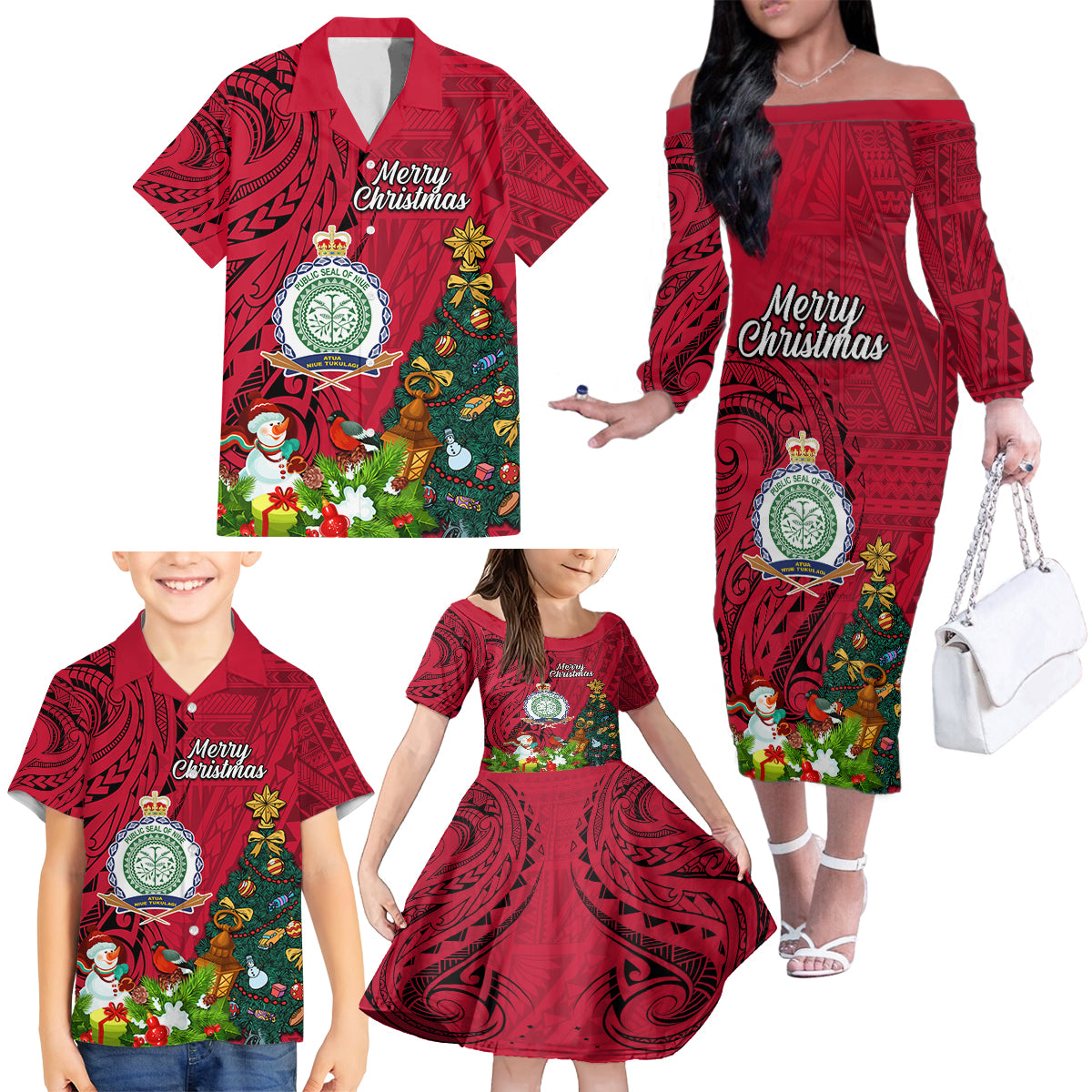 Niue Christmas Family Matching Off Shoulder Long Sleeve Dress and Hawaiian Shirt Coat of Arms and Polynesian Tattoo Xmas Element Christmas Red Vibe LT03 - Polynesian Pride