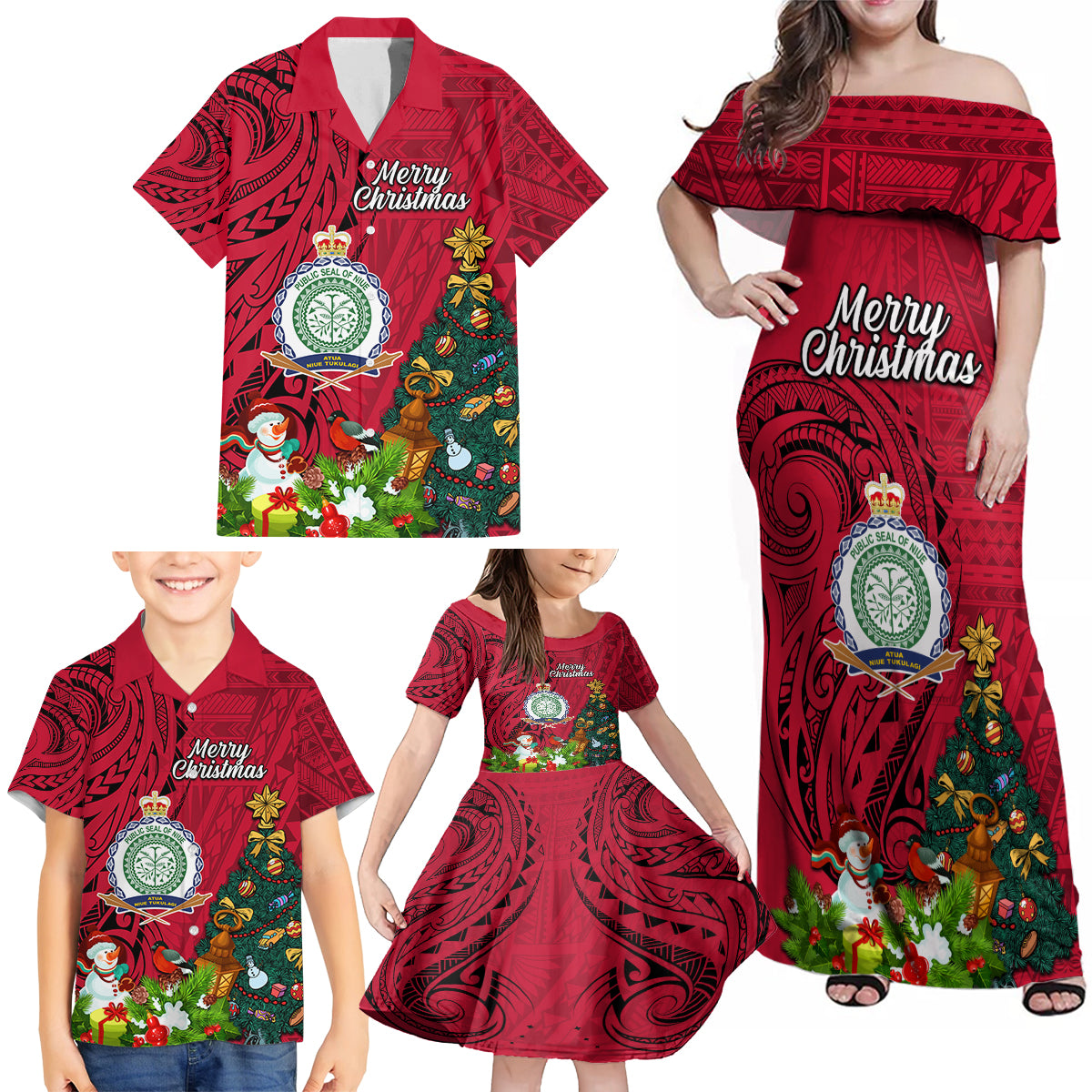 Niue Christmas Family Matching Off Shoulder Maxi Dress and Hawaiian Shirt Coat of Arms and Polynesian Tattoo Xmas Element Christmas Red Vibe LT03 - Polynesian Pride