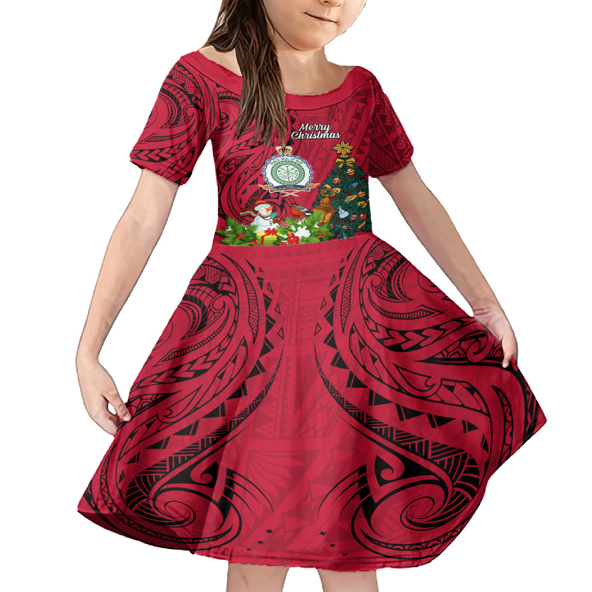 Niue Christmas Family Matching Puletasi Dress and Hawaiian Shirt Coat of Arms and Polynesian Tattoo Xmas Element Christmas Red Vibe LT03 Daughter's Dress Red - Polynesian Pride