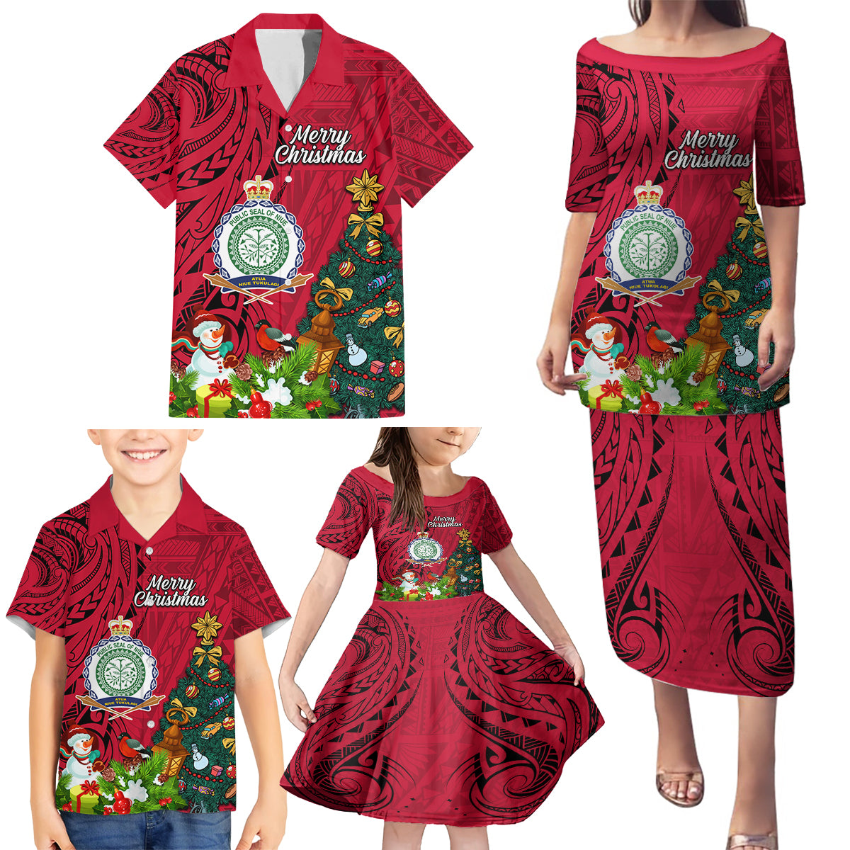 Niue Christmas Family Matching Puletasi Dress and Hawaiian Shirt Coat of Arms and Polynesian Tattoo Xmas Element Christmas Red Vibe LT03 - Polynesian Pride