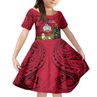 Niue Christmas Family Matching Short Sleeve Bodycon Dress and Hawaiian Shirt Coat of Arms and Polynesian Tattoo Xmas Element Christmas Red Vibe LT03 Daughter's Dress Red - Polynesian Pride