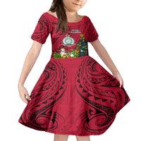 Niue Christmas Family Matching Tank Maxi Dress and Hawaiian Shirt Coat of Arms and Polynesian Tattoo Xmas Element Christmas Red Vibe LT03 Daughter's Dress Red - Polynesian Pride