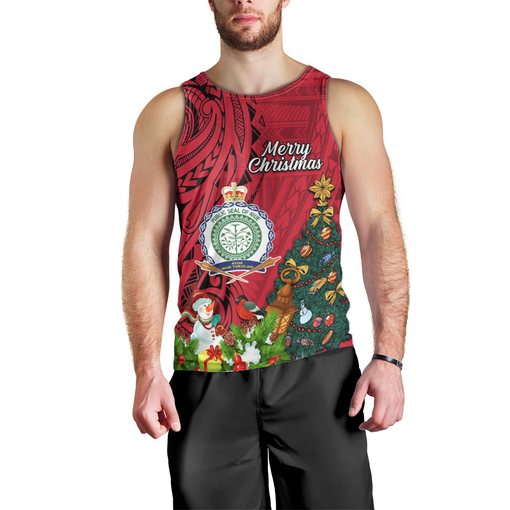 Niue Christmas Men Tank Top Coat of Arms and Polynesian Tattoo Xmas Element Christmas Red Vibe LT03 - Polynesian Pride