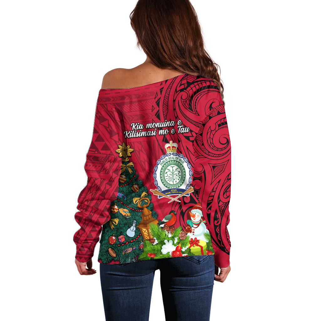 Niue Christmas Off Shoulder Sweater Coat of Arms and Polynesian Tattoo Xmas Element Christmas Red Vibe LT03 - Polynesian Pride