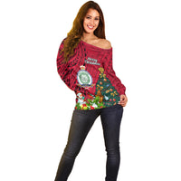 Niue Christmas Off Shoulder Sweater Coat of Arms and Polynesian Tattoo Xmas Element Christmas Red Vibe LT03 - Polynesian Pride